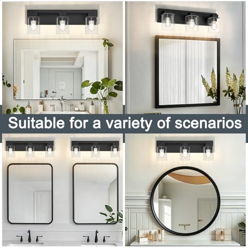 21.6 Inch Bathroom Light Fixtures, with Clear Glass Shade | 3-Light Matte Black Bathroom Lighting Fixtures Over Mirror, Modern Wall Light, bathroom vanity light E26 Socket, ETL - color: Black, size: 3-Light