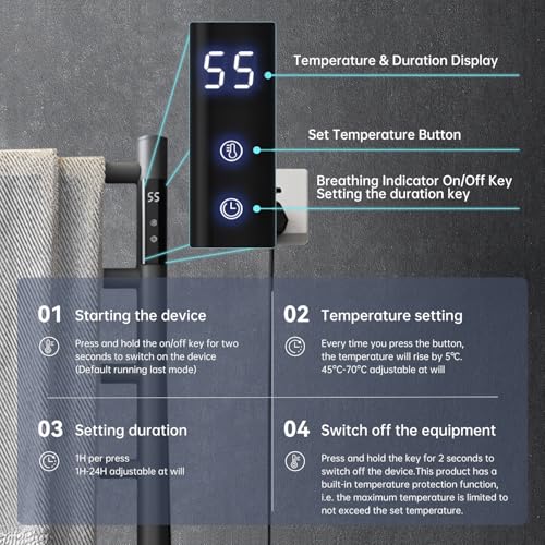 Freestanding Heated Towel Rack with Heavy Marble Base, 8-Bar Heating Towel Rack Adjustable Temperature 115-155°F with Timer and LED Display Clothes Drying Rack for Bathroom (Grey)