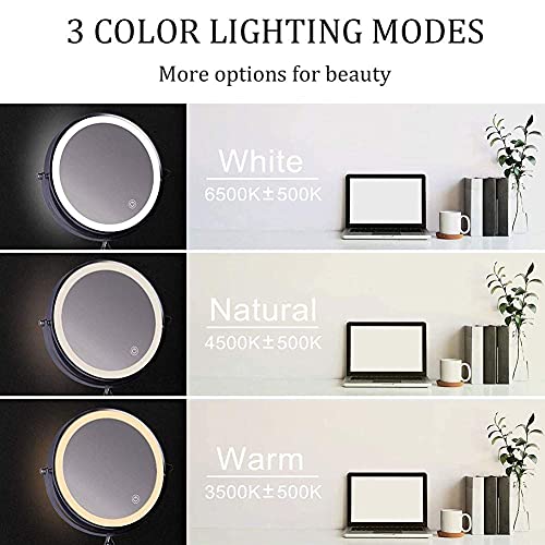 8'' Wall Mounted Makeup Mirror Black USB Rechargeable Double Sided with 3 Tones LED Lights 1x/5x Magnifying Bathroom Mirror for Shaving Extendable Arm Touch Control1X/5X