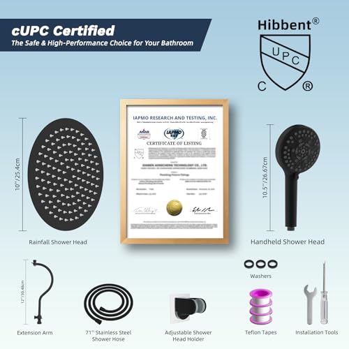 Hibbent All Metal CUPC Certified Shower Head, 10'' High Pressure Rainfall Shower Head, Handheld Showerhead Combo with 12'' Adjustable Extension Arm, 10-Spray, 71'' Hose, Shower Holder, Matte Black - color: Matte Black, style: Round 10''