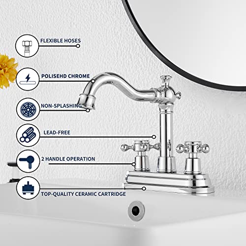 Chrome Bathroom Faucet GGStudy 2 Handles 4 Inches Centerset Bathroom Vanity with Drain Assembly and Supply Hose Lavatory Faucet Mixer Double Handle Tap - color: Polished Chrome, style: Metal Cover
