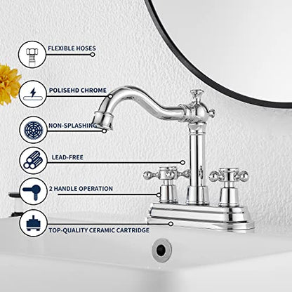 Chrome Bathroom Faucet GGStudy 2 Handles 4 Inches Centerset Bathroom Vanity with Drain Assembly and Supply Hose Lavatory Faucet Mixer Double Handle Tap - color: Polished Chrome, style: Metal Cover