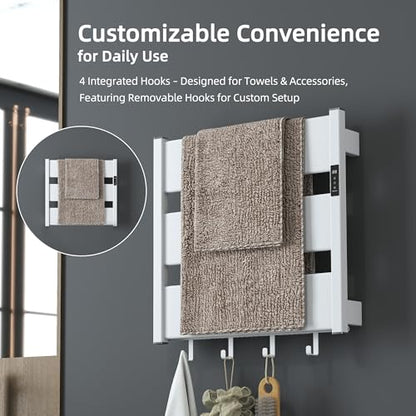 K&KALONZO Electric Heated Towel Rack, 2-Min Heat, Plug-in/Hardwired, H4-W | Wall Mounted, 10 Timers & 3 Heat Levels, 2H Rapid Dry, Anti-Scald, Aerospace Aluminum Towel Warmer for Bathroom, 4 Hooks, - color: White, size: 4-Bar