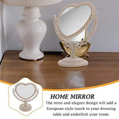AKOAK Heart-Shaped Cosmetic Mirror - Plastic, Double-Sided, Rotatable, Lightweight Tabletop Makeup Mirror for Bathroom & Bedroom (Beige) | Plastic, Double-Sided, Rotatable, Lightweight Tabletop - color: Beige