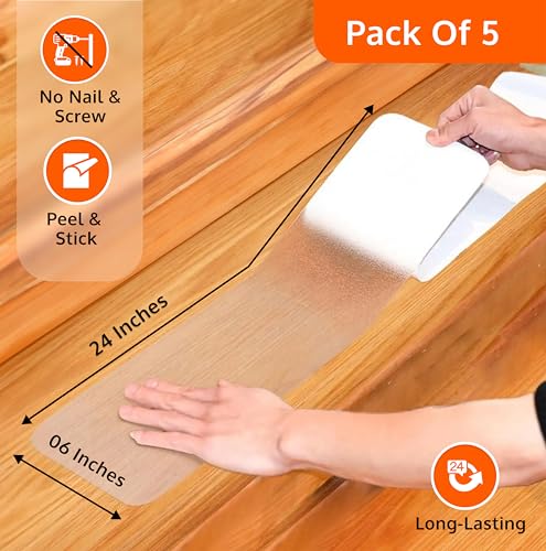 Clear Grip Tape for Stairs, Waterproof Anti-Slip Treads for Wooden Steps | 5 Pack, 6 x 24 Inches, Precut Design, Concrete Step Use, Heavy-Duty Adhesive, Works On All Surfaces, All-Weather Use - size: Clear, style: 5 Pack