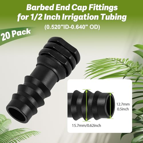 20 Pack 1/2 Inch Drip Irrigation Barbed End Plug Fitting, 1/2'' Dripline End Cap Connectors for 1/2 Inch Irrigation Tubing (0.520"ID-0.650" OD) for Garden Lawn Irrigation System - size: 1/2" Barbed Plug-20P