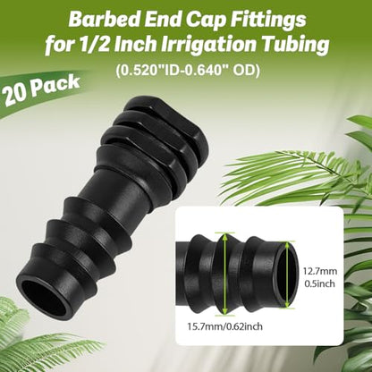 20 Pack 1/2 Inch Drip Irrigation Barbed End Plug Fitting, 1/2'' Dripline End Cap Connectors for 1/2 Inch Irrigation Tubing (0.520"ID-0.650" OD) for Garden Lawn Irrigation System - size: 1/2" Barbed Plug-20P