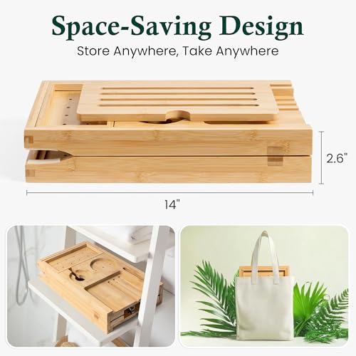 Bamboo Bathtub Tray, Natural Bath Caddy | Wine Glass Holder, Phone Book Rack, Hands Free Bath Reading, Premium Spa Bath Organizer - color: Modern Bamboo Finish