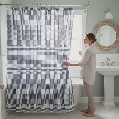 Blue and White Fabric Shower Curtain, Cotton Blend Striped Textured Design, 72 x 72 Shower Curtain, Modern Aesthetic Bathroom Decor, Cozumel - color: Cozumel