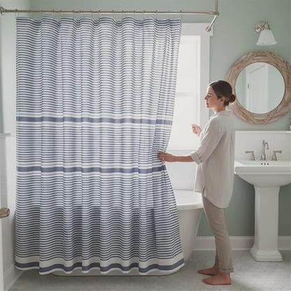 Blue and White Fabric Shower Curtain, Cotton Blend Striped Textured Design, 72 x 72 Shower Curtain, Modern Aesthetic Bathroom Decor, Cozumel - color: Cozumel