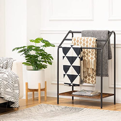 HOOBRO Freestanding Towel-Rack for Bathroom, 3 Tier Blanket Rack for Living Room, 23.6" L x 14.2" W x 33.9" H, Quilt Blanket Ladder Holder, Drying and Display Rack, Rustic Brown and Black BF63LB01 - size: 23.6"L x 14.2"W x 33.9"H