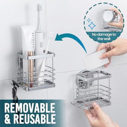 TAILI Patented Suction Cup Toothbrush Holder, Stainless Steel Anti-Puddling Shower Toothbrush Holder, No Drilling Removable Organizer for Bathroom Toothpaste, Razor, Kitchen and Office Items, Silver - color: Silver