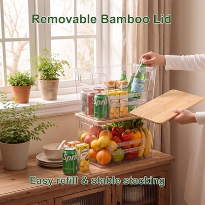 FUSHITON 2 Set Pantry Organizers, Clear Trash Bag Holder with Bamboo Lids | Stackable Trash Bag Dispenser for Potato, Onion, Garlic, Storage Bins for Kitchen Under Sink, Laundry Room