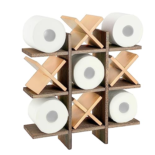 Weysat Tic Tac Toe Toilet Paper Holder Stand Bathroom Wall Decor Rustic Wooden Hanging Storage Freestanding Wall Mounted Shelves Decor for Toilet Tissue Farmhouse