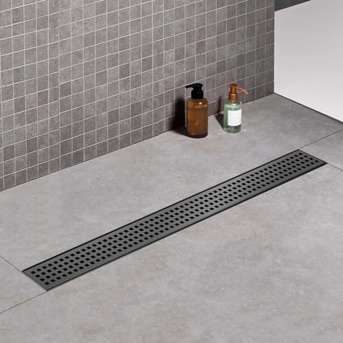 32 Inch Offset Linear Shower Drain,Black SUS304 Stainless Steel | Offset Side Outlet,Matte Black,Easy to install,ADA Barrier-Free,Tile-In Grate,Hair Catcher,Leveling Feet,Complete Install Kit - color: Matte Black, size: 32 inch