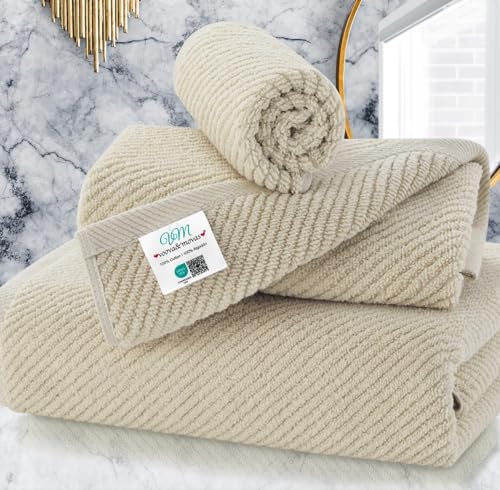 VOOVA & MOVAS 3PC Towel Set, 100% Cotton, Light Tan | 1 Large Bath 30x56 In, 1 Hand 18x28 In,1 Wash Cloth 13x13 In, Quick Dry, Soft, Thick, Bathroom Essentials - color: Tan - Beige, size: 3 PC Bathroom Towel Set
