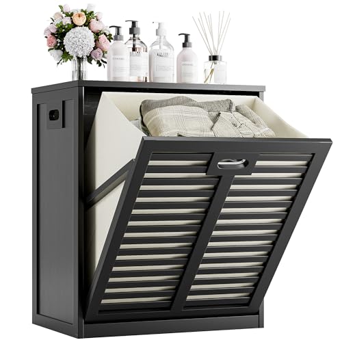 HITNET Tilt Out Laundry Hamper, Bamboo Laundry Cabinet with Pull Out Removable Bag, 20 Gal Clothes Basket with Metal Handle for Bathroom Kitchen, Black - color: Black