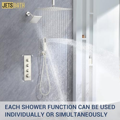 16" Thermostatic Dual Rainfall Head Shower System with Handheld & Valve, 16” Ceiling Shower Faucet Set with 6-Inch Shower Head, JetsBath Brushed Nickel Full Body Shower System for Couples/ 2-Person - color: Brushed Nickel