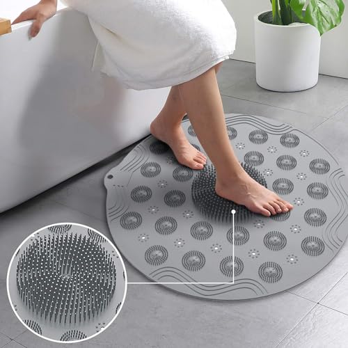 Round Shower Mat, Non Slip Bath Mat with Suction Cup Shower Stall Mats 18.1 x 18.1 inches, Soft Shower Mat, Silicone Material