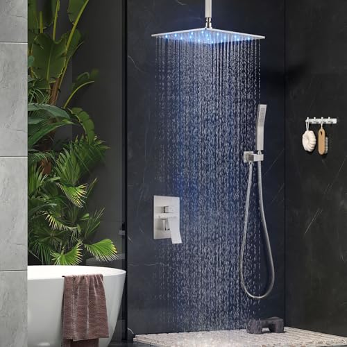 Aolemi Ceiling Shower Faucet Set with Handheld 16" LED Head Brushed Nickel | Handheld Spray,16 Inch Rain LED Head,Shower Valve and Trim Kit,All Metal,Ceiling System,Bathroom Mixer - color: Nickel, size: 16 Inch LED Shower Head