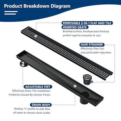 Neodrain 24In Offset Side Outlet Linear Shower Drain w/Grate Cover, Black | w/ Quadrato Pattern Grate Cover, 304 Stainless Steel Rectangle Shower Floor Drain, with Leveling Foot, Hair Strainer Catche - color: Matte Black- Pattern Grate Cover, size: 24 IN