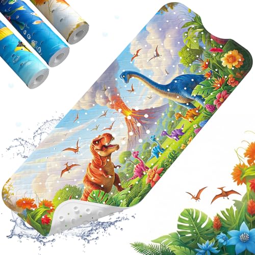 Baby Bath Mat for Tub Non Slip Kids Bath Mat - 40''x16'' Extra Long Cartoon Turtle Baby Bath Tub Mat Eco-Friendly Toddler Bath Mats with Suction Cups & Drain Holes, Easy to Clean & Easy Drying - color: Dinosaur