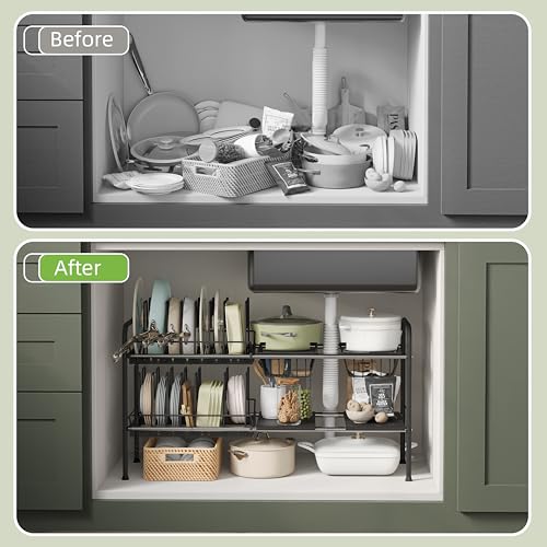 Expandable Under Sink Organizer，Pot and pan Organizer Under Cabinet | Pan Lid Organizer,Expandable Storage shelf with 2 Pan Racks（14 Dividers）and 4 Removable Panels,Adjustable partition height - size: Multi-functional with 2 pot holders