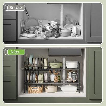 Expandable Under Sink Organizer，Pot and pan Organizer Under Cabinet | Pan Lid Organizer,Expandable Storage shelf with 2 Pan Racks（14 Dividers）and 4 Removable Panels,Adjustable partition height - size: Multi-functional with 2 pot holders