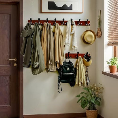 WEBI Coat Rack Wall Mount,17" Solid Wood Coat Hooks Wall Mounted Coat Hanger,16" Hole to Hole,Heavy Duty Hook Rack Rail,3 Triple Hooks for Hanging Coats,Jacket,Clothes,Hat,Backpack,Cherry - color: Cherry, size: 17 Inch