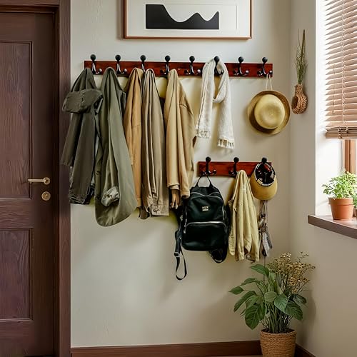 WEBI Coat Rack Wall Mount,17" Solid Wood Coat Hooks Wall Mounted Coat Hanger,16" Hole to Hole,Heavy Duty Hook Rack Rail,3 Triple Hooks for Hanging Coats,Jacket,Clothes,Hat,Backpack,Cherry,2 Packs - color: Cherry, size: 17 Inch(2 Pcs)