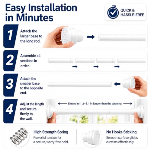 Shower Curtain Rod With 12 Hooks - 26x78 in No Screw Curtain Rod | Rust Free & No Drill Curtain Rod with Spring, Versatile & Heavy Duty Tension Rod for Home, Kitchen, Bedroom, Closet & Showers - color: white-hk