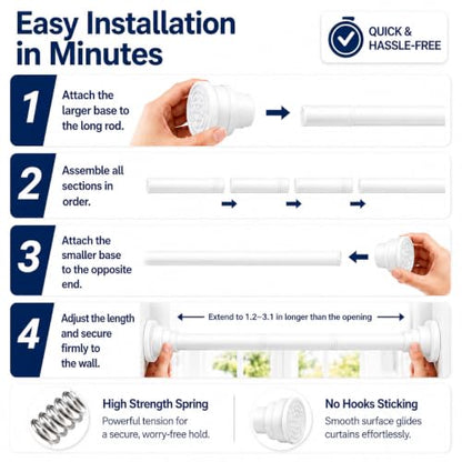 Shower Curtain Rod With 12 Hooks - 26x78 in No Screw Curtain Rod | Rust Free & No Drill Curtain Rod with Spring, Versatile & Heavy Duty Tension Rod for Home, Kitchen, Bedroom, Closet & Showers - color: white-hk
