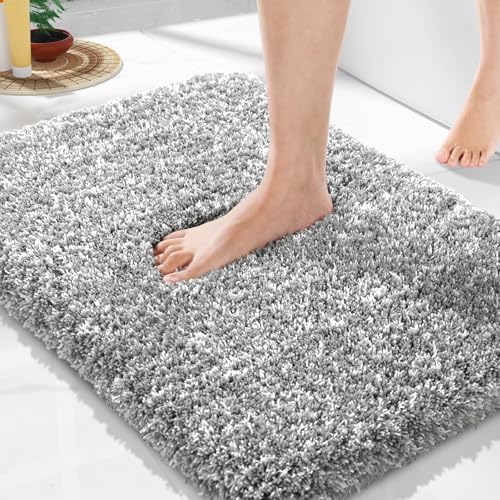 Yimobra Bathroom Rugs Non Slip Washable, Ultra Soft and Water Absorbent Bath Mats, Fluffy Shower Mat Outside, Plush Matts for Bathroom Floor/Sink, 24X17, Home Decor Accessories, Light Gray and White - color: Light Gray and White, size: 17" X 24"