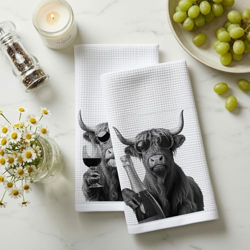 Funny Highland Cow Wine Kitchen Dish Towels Set of 2-Gifts for Wine and Cow Lovers, Western Highland Heifer Hand Tea Towels for Home Bar Kitchen, 16x24 Inches-042 - color: Wcolor 007