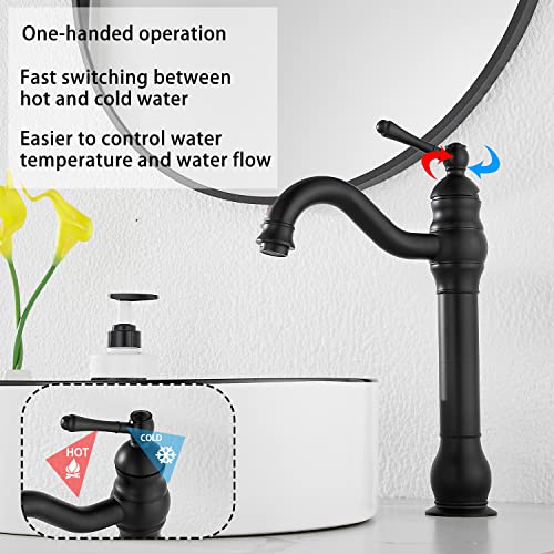 Black Bathroom Faucet GGStudy 360° Swivel Single-Handle One Hole Bathroom Vessel Sink Faucet Matching Pop Up Drain - color: Black, size: Vessel