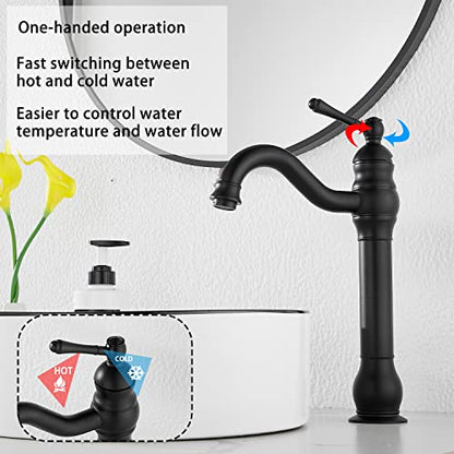 Black Bathroom Faucet GGStudy 360° Swivel Single-Handle One Hole Bathroom Vessel Sink Faucet Matching Pop Up Drain - color: Black, size: Vessel