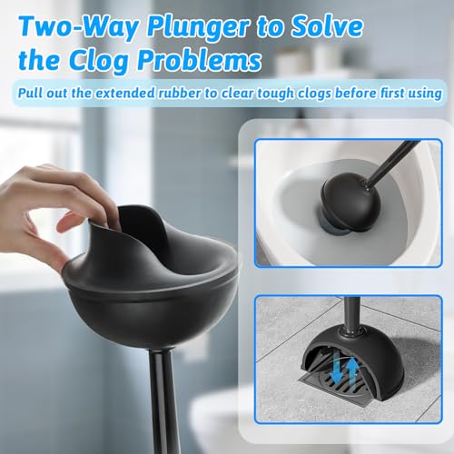 Toilet Brush and Plunger Set, Curved Head Deep Clean, Black 2 Pack | Brush and Plunger set, Curved Nylon Bristles for Deep Clean, Strong Suction Plunger, Ventilated Holder for Quickly Air Dry - color: Black