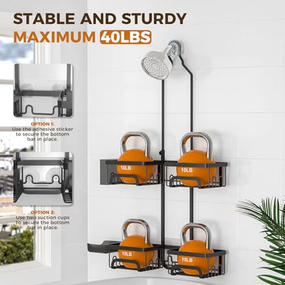 REINHARDT Split Shower Caddy Hanging for Handheld Showerheads, Black | Adjustable Shower Organizer, Rustproof, 16 Hooks, Soap Holder, 40lbs Capacity, Anti-Slip, Tool-Free, Bathroom Accessories - color: Black