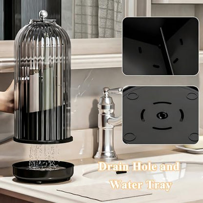 Drainable Toothbrush Toothpaste Holders with Cover, Gray Black | Drainage Holes, Waterproof and Dustproof, 360° Rotating Base, Sliding Door, for Bathroom Counter - color: Gray Black