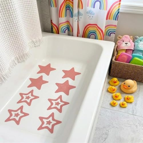 LOGOFUN 12 Pcs Star Anti-Slip Bathtub Stickers, Pink | Provides Textured Traction Points to Smooth Tub and Shower Surfaces, For Bathrooms, Steps, Tiles, and Clean Flat Areas