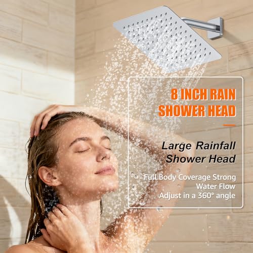 Shower System Modern Rain 8 inches Brass Faucet Set With Valve and Diverter Shower Mixer With Handheld High Pressure Square Rainfall Shower Valve (8'' Wall Mount, Chrome Polished) - color: Chrome Polished, style: 8'' Wall Mount