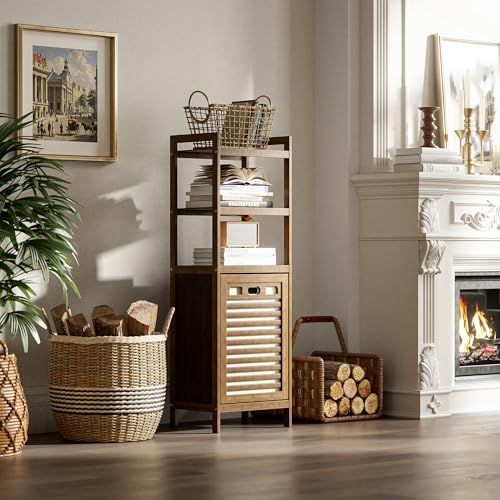 HITNET Bamboo Tilt Out Laundry Hamper, Bathroom Storage Cabinet with Hidden Removable Basket and 3 Open Shelves, Space Saving Bamboo Storage for Clothes, Towels and Toys, Walnut - color: Walnut