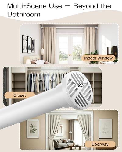 No-Twist Shower Curtain Rod by EZFurni, 42–82 Inch Heavy Duty Tension Rod with Lock-In Stability, No Drill, Spring-Loaded Non-Slip Secure Hold for Bathroom, Window, Closet, 1.26" Diameter, White - color: White, size: 42-82 Inches