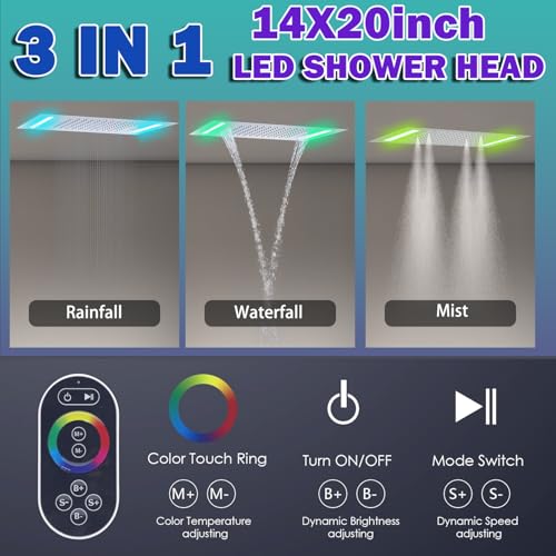 AYIVG Thermostatic Full Body Rainfall Shower System Dual 3 Way Diverter Valve 6 Function Ceiling Mount 14x20" ShowerHeads With 6 Jets 2 Handheld Shower Set (Brushed Nickel) - color: Brushed Nickel