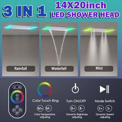 AYIVG Thermostatic Full Body Rainfall Shower System Dual 3 Way Diverter Valve 6 Function Ceiling Mount 14x20" ShowerHeads With 6 Jets 2 Handheld Shower Set (Brushed Nickel) - color: Brushed Nickel