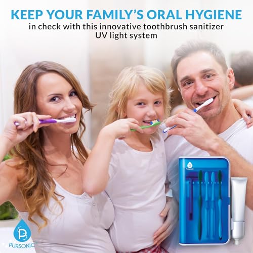 Pursonic UV Toothbrush Sanitizer Holder Wall Mounted - 5 Slots Toothbrush Holders for Bathrooms with Toothpaste Holder - No-Drill Toothbrush Holder Fits Electric Toothbrush Heads