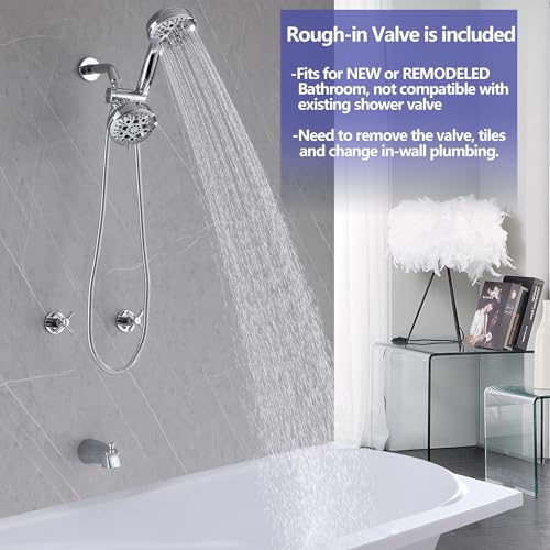 2 Handle Shower Faucet Set Tub Spout Chrome Shower Trim Kit Valve | 9 Modes Hand Shower, 7 Modes Shower Head, Dual Head Work independently /Work Together, Brass Valve, NPT 1/2" US Connection - color: Chrome, style: Style B