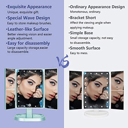 Trifold Lighted Vanity Makeup Mirror with 21 LED Lights,1x/2x/3x Magnification Touch Screen Dimming,Two Power Supplies Makeup Mirror, Gift for Women - color: Green