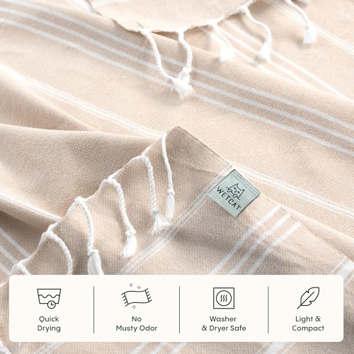 WETCAT Turkish Hand Towels with Hanging Loop, Set of 2 (20" x 30") 100% Turkish Cotton, Pre-Washed, Quick Drying, for Kitchen or Bathroom - Beige - color: Beige