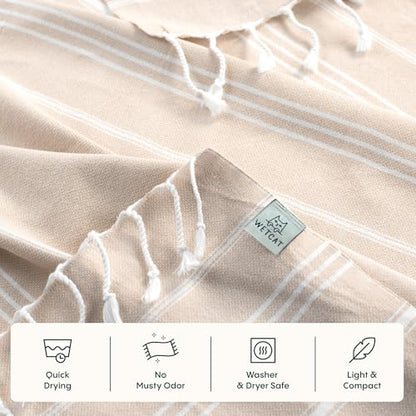 WETCAT Turkish Hand Towels with Hanging Loop, Set of 2 (20" x 30") 100% Turkish Cotton, Pre-Washed, Quick Drying, for Kitchen or Bathroom - Beige - color: Beige